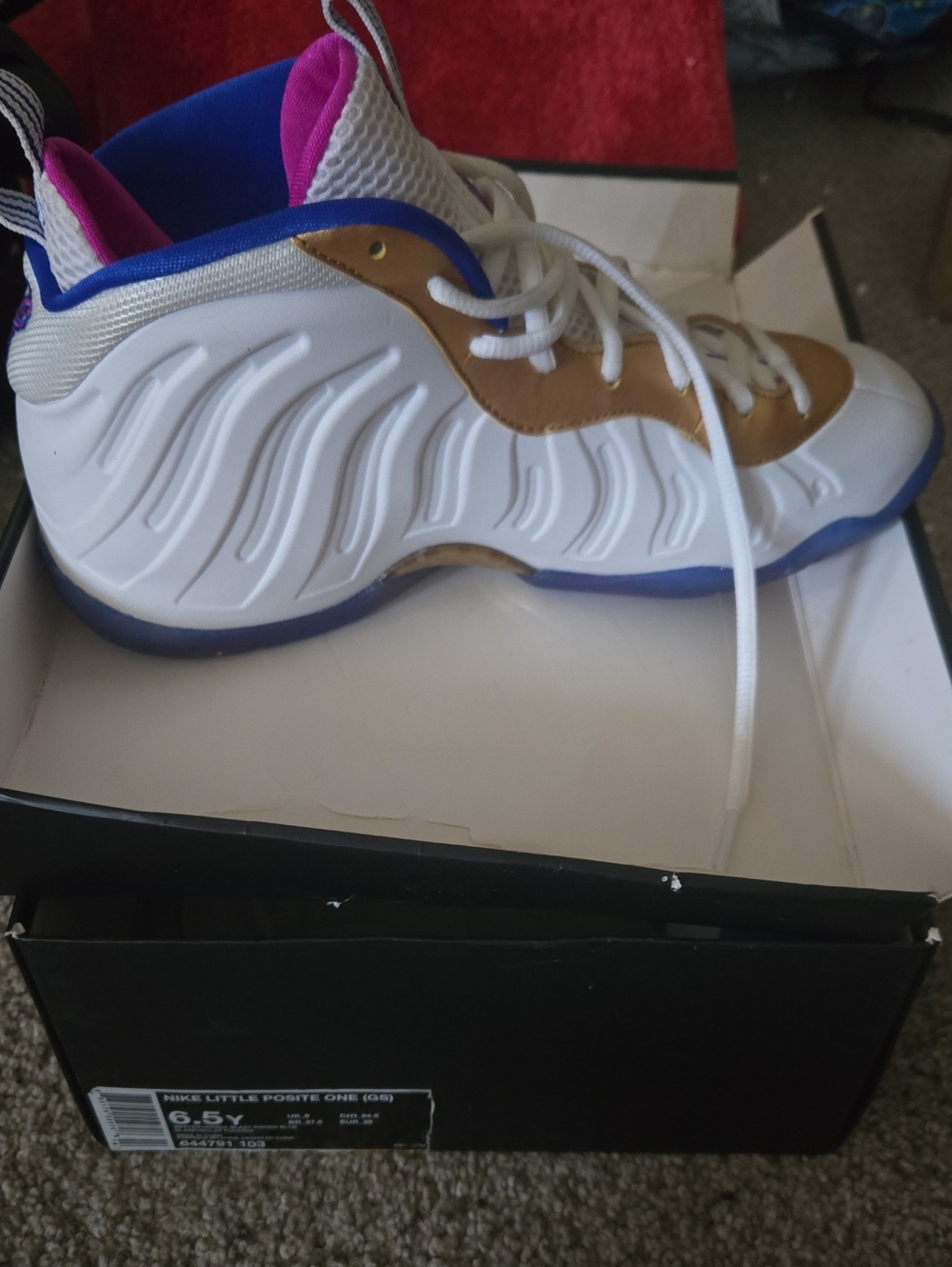 Kids White and Gold Basketball Sneakers with Blue Accents